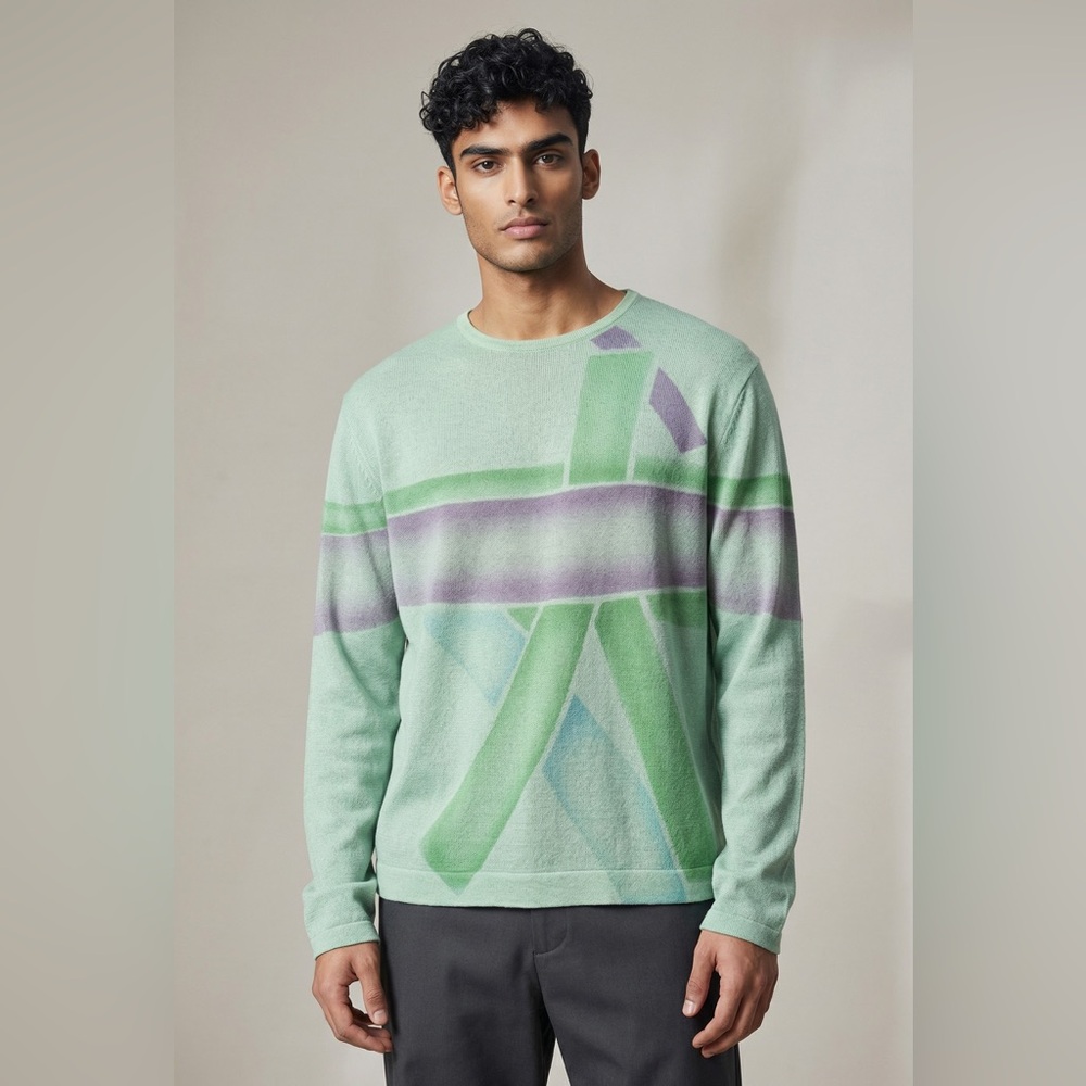 Iceberg Sweater Mens M Green Abstract Graphic Crew Neck Lightweight Linen Knit